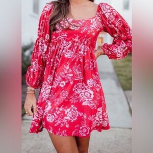Smith Quinn Red Floral Mini Dress Medium bubble sleeve square neck babydoll